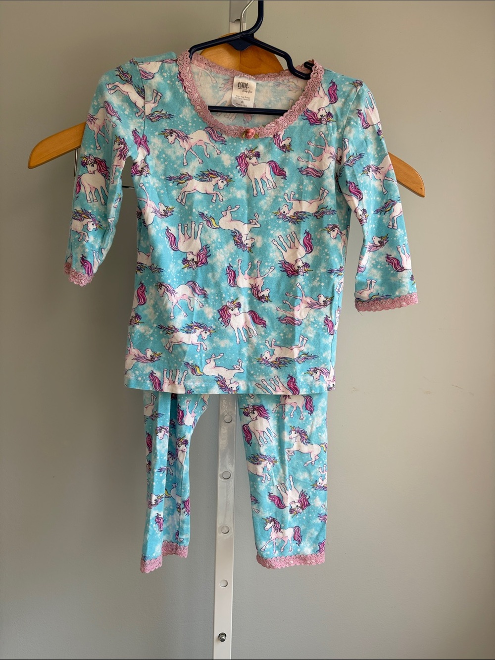 Esme softest Girls' Unicorn Pajama Set in Aqua with Pink Trim 4t